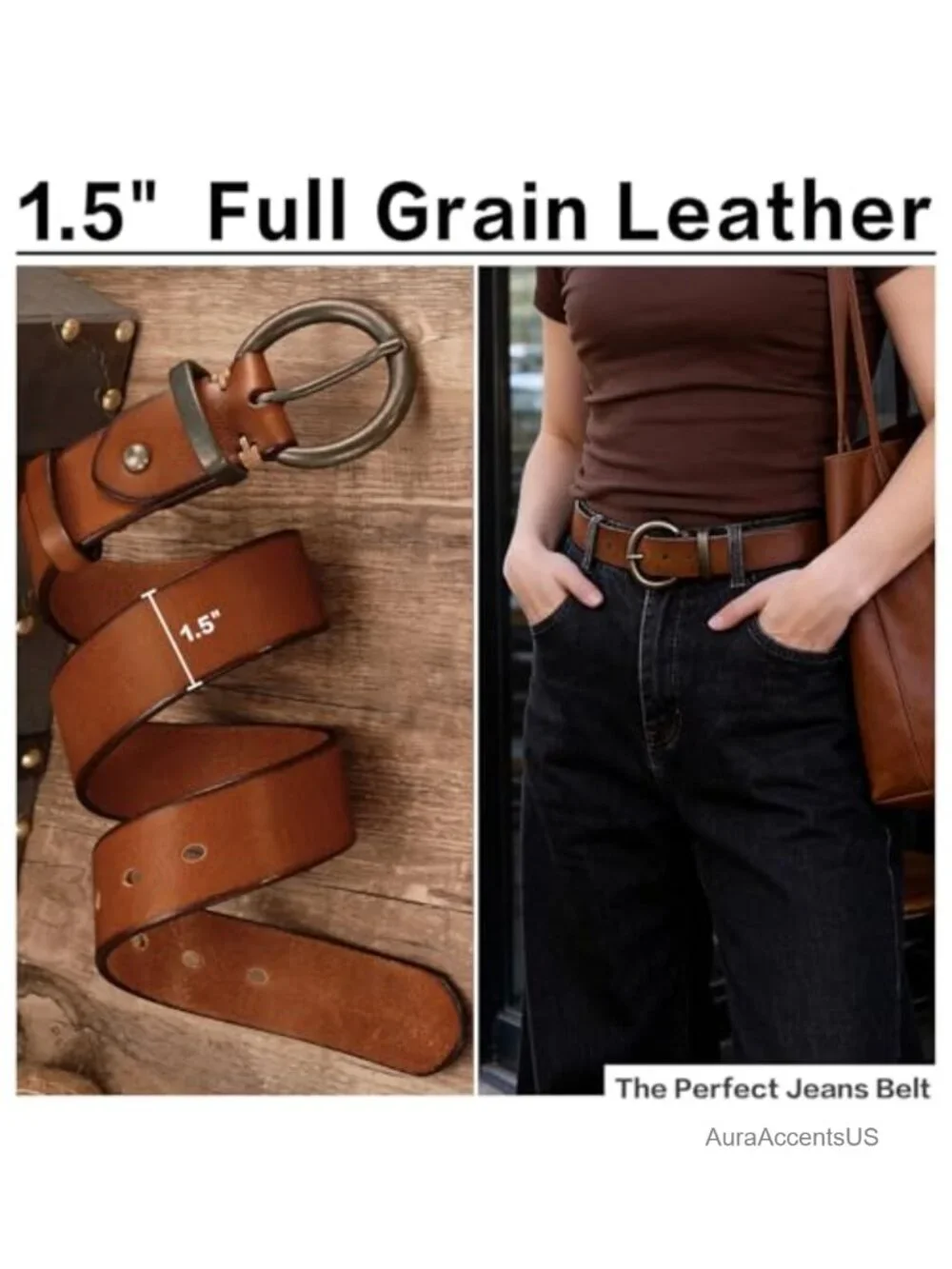 Vintage Full Grain Leather Belt with Brass Buckle, 1.5